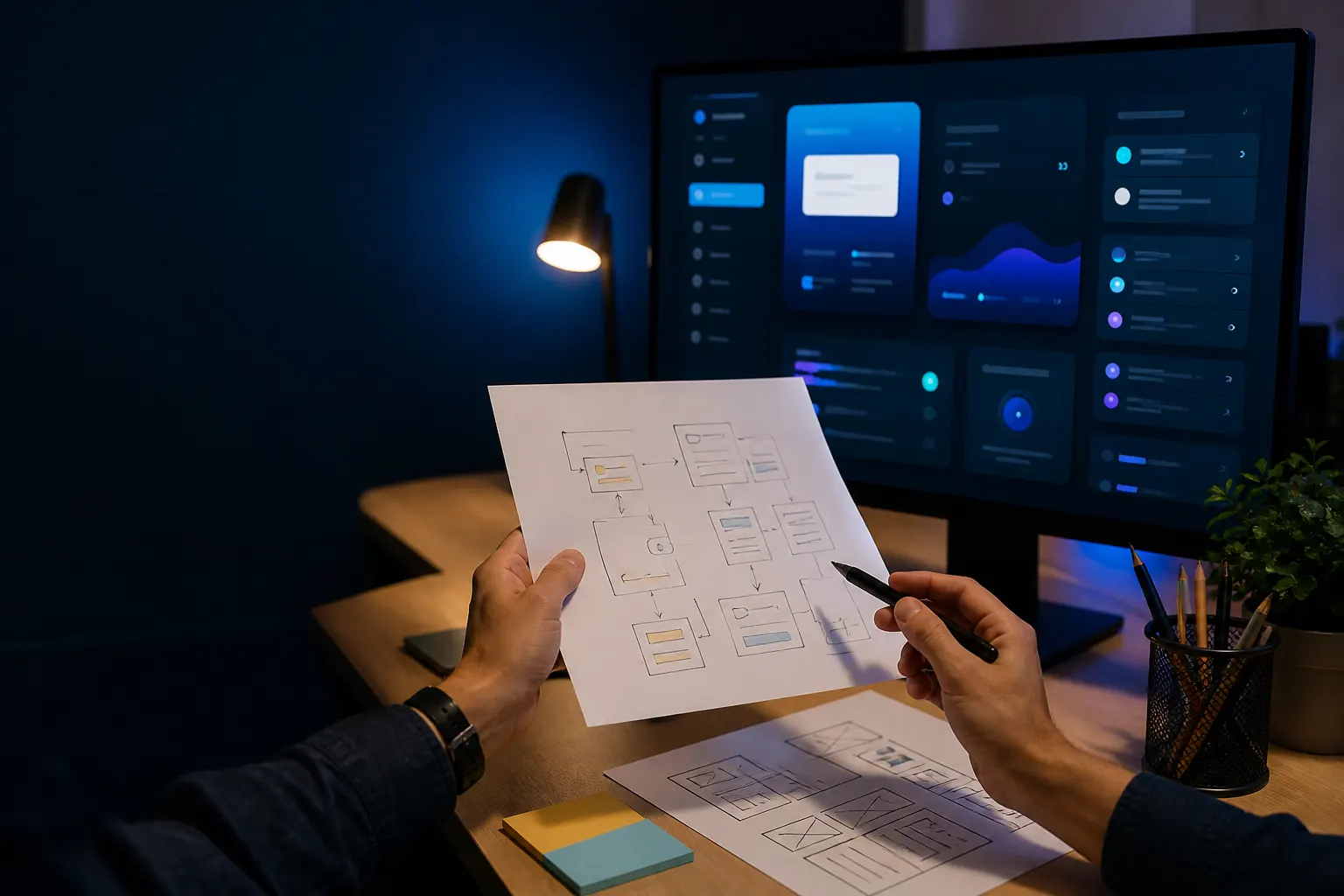 Diseño en papel transformándose en una aplicación web
